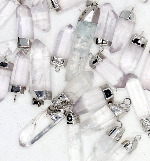 Clear Quartz Pendant, 35x10mm, Free Form Pendant, Silver Plated Brass, Sold As 1 Piece.